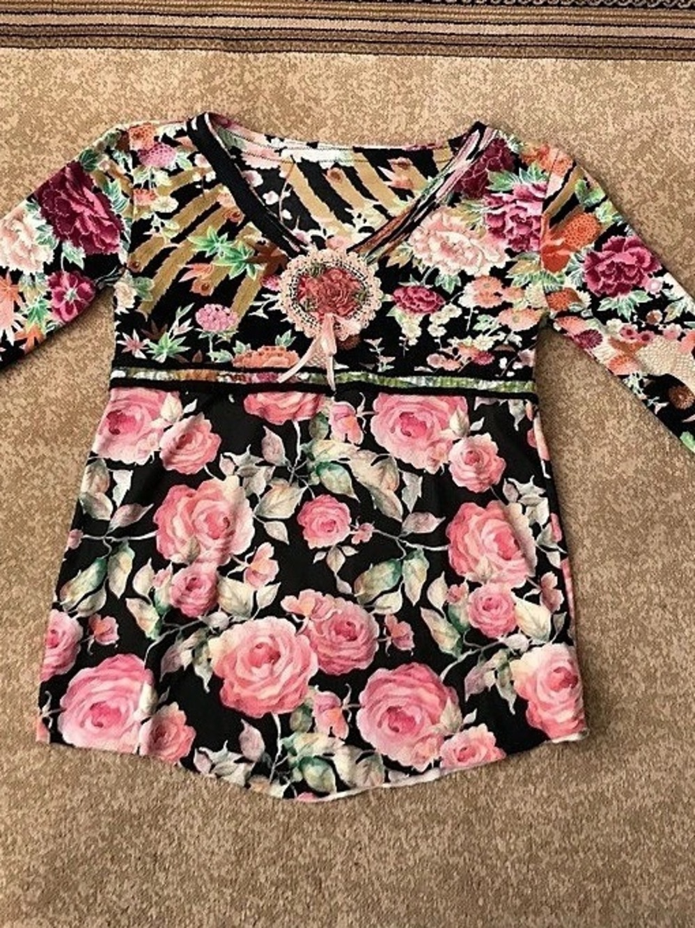 Floral Rose Embellished Tunic in Black & Pink Like New never worn. Handmade